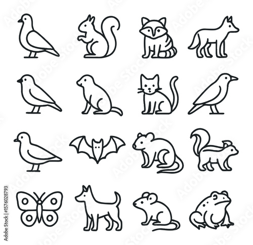 Urban Wildlife line art icons. pigeon, squirrel, raccoon, fox, sparrow, rat, stray cat, crow, gull, bat, opossum, skunk, city butterfly, feral dog, mouse, toad.