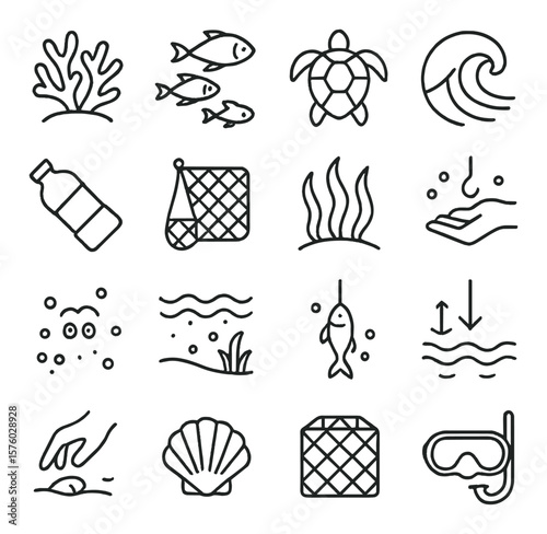 Oceans & Marine Life line art icons. coral reef, fish school, sea turtle, ocean wave, plastic bottle, fishing net, seaweed, ocean cleanup, marine pollution, underwater icon,