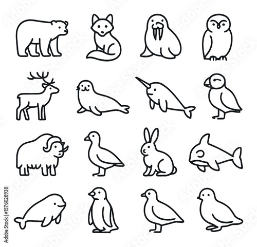 Arctic Animals line art icons. polar bear, arctic fox, walrus, snowy owl, reindeer, seal, narwhal, puffin, musk ox, snow goose, arctic hare, orca, beluga whale, penguin, snowy
