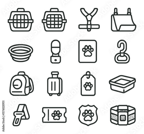 Pet Travel & Carriers line art icons. pet carrier, travel crate, safety harness, car seat cover, travel bowl, water bottle, pet passport, leash clip, backpack carrier, rolling bag,