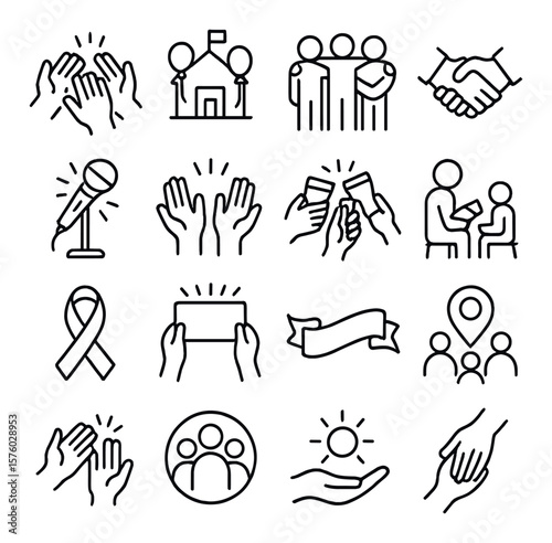 Community support line art icons. group applause, local event, team effort, handshake icon, open mic night, celebration hands, cheer circle, storytime icon, support ribbon,