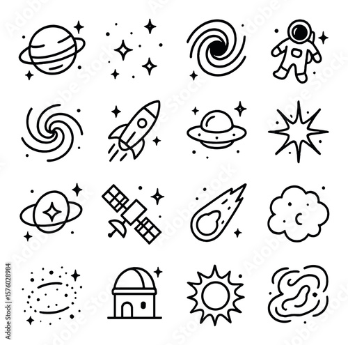 Space & Stars line art icons. planet with stars, starfield, black hole, astronaut floating, galaxy swirl, rocket among stars, alien ship, star explosion, star orbit, satellite with