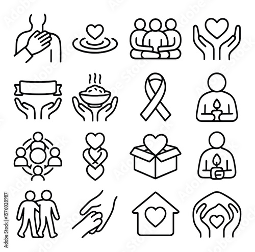 Community Compassion line art icons. hand on shoulder, kindness ripple, empathy group, volunteer heart, support banner, shared meal, awareness ribbon, healing hands, unity symbol,