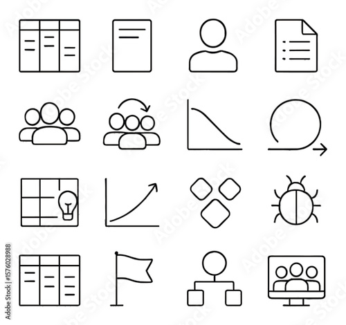 Agile development line art icons. sprint board, kanban card, user story, backlog file, team avatar, standup icon, burndown chart, iteration cycle, planning icon, velocity graph,