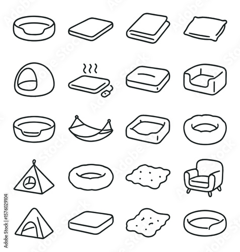 Pet Beds & Comfort line art icons. round pet bed, sleeping mat, soft blanket, pet pillow, cave bed, heating pad, crate cushion, cozy corner, snuggle basket, hammock, memory foam