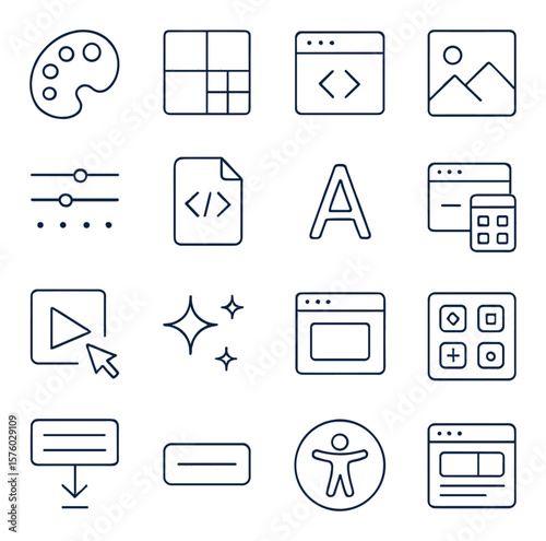 Frontend development line art icons. color palette, layout grid, navigation bar, image placeholder, UI element, CSS icons. heet, font icon, media query, hover effect, animation