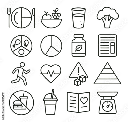 Nutrition & Wellness Awareness line art icons. healthy plate, fruit bowl, water glass, veggie icon, balanced meal, portion chart, vitamin bottle, nutrition label, exercise icon,