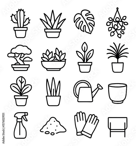 Lazy Indoor Plants line art icons. potted cactus, aloe vera, monstera leaf, hanging ivy, bonsai tree, succulents, peace lily, palm plant, fiddle leaf fig, snake plant, watering can