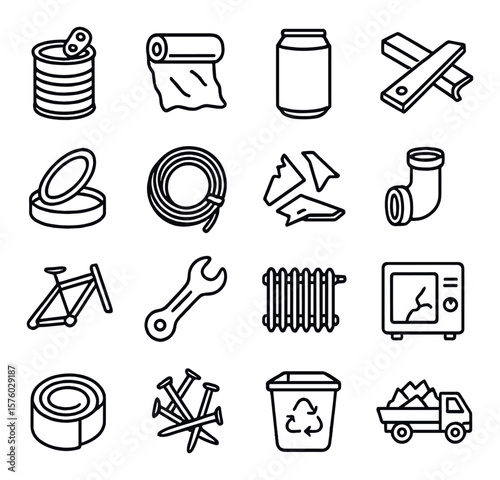 Metal recycling line art icons. tin can, aluminum foil, soda can, steel parts, metal lid, wire bundle, metal scraps, pipe piece, bike frame, wrench, radiator, broken appliance,
