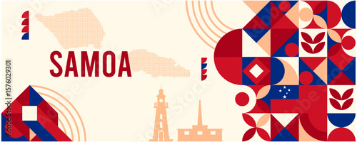 Colorful Geometric Samoa Banner with Cultural Symbols and Flag Elements