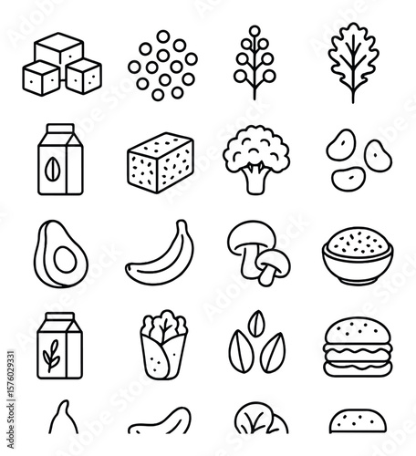Vegan diet line art icons. tofu, lentils, quinoa, kale, almond milk, tempeh, broccoli, chickpeas, avocado, banana, mushrooms, chia seeds, oat milk, veggie wrap, sunflower seeds,