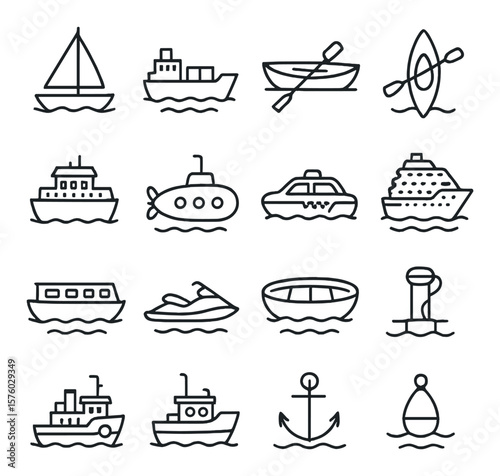 Water Transport line art icons. sailboat, cargo ship, rowboat, kayak, ferry, submarine, water taxi, cruise ship, canal boat, jet ski, lifeboat, dock line, paddle steamer, tugboat,