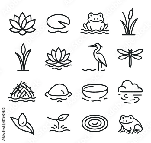 Water-Themed Nature line art icons. lotus flower, lily pad, frog on water, reed plant, cattail, water lily, heron, dragonfly, beaver dam, wet rock, reflective pool, mist over lake,