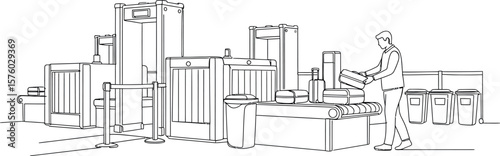 Airport Security Checkpoint Line Art Illustration | Passenger Baggage Screening