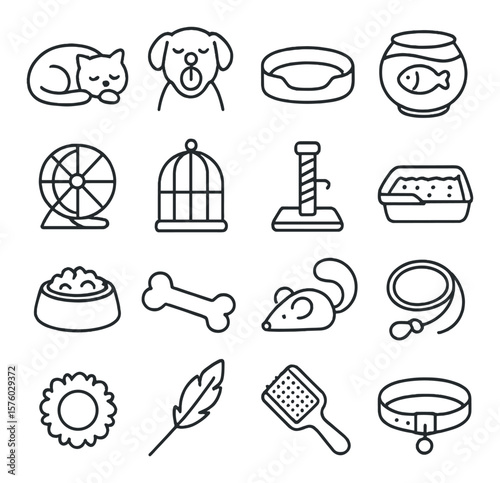 Lazy Pet Companions line art icons. sleeping cat, yawning dog, pet bed, fishbowl, hamster wheel, birdcage, scratching post, litter box, food bowl, bone, toy mouse, leash, chew toy,
