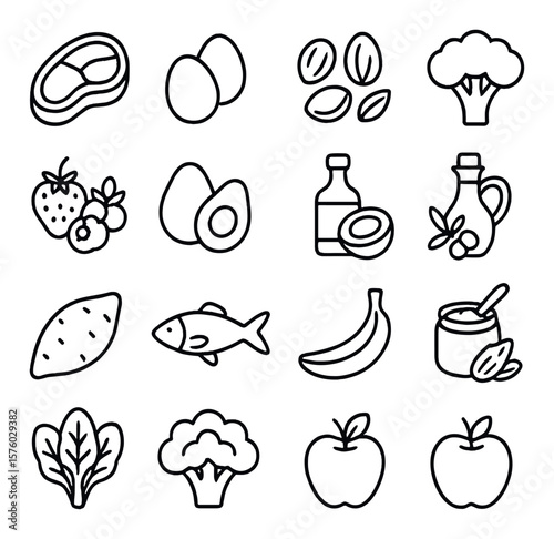 Paleo diet line art icons. grass-fed meat, eggs, nuts, seeds, vegetables, berries, avocado, coconut oil, olive oil, sweet potato, fish, banana, almond butter, leafy greens,