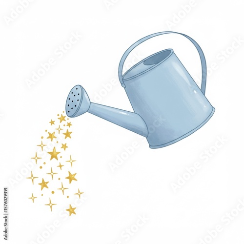 Blue Watering Can Pouring Gold Stars Illustration