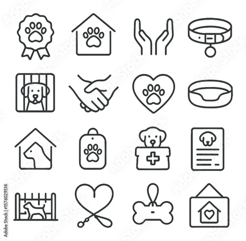 Dog Rescue & Adoption line art icons. adoption badge, shelter house, volunteer hands, rescue collar, kennel door, paw handshake, rescued heart, dog bed, foster home, dog license,