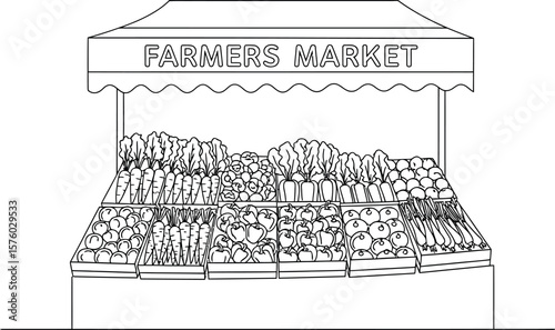 Farmers Market Stall Outline Illustration with Fresh Fruits and Vegetables