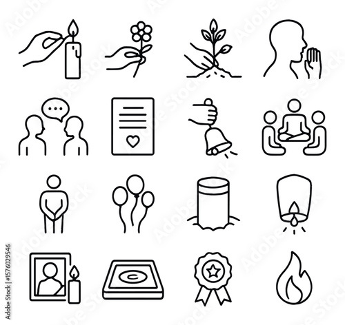 Memorial Rituals line art icons. lighting a candle, flower offering, tree planting, name call, memory sharing, tribute note, bell ringing, silent circle, moment of silence, sky