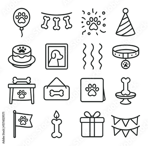 Dog Celebration Decor line art icons. paw print balloon, dog bone banner, confetti paw, party hat, dog cake, photo frame, streamers, decorative collar, treat table, name sign,