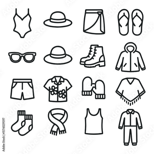 Holiday Clothing line art icons. swimsuit, straw hat, sarong, flip flops, sunglasses, sun hat, travel boots, rain jacket, shorts, Hawaiian shirt, mittens, poncho, thermal socks,