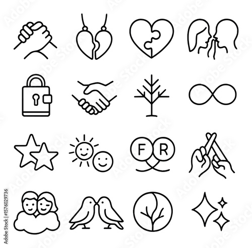 Friendship symbols line art icons. clasped hands, matching necklaces, puzzle hearts, shared secrets, diary lock, trust handshake, tree of friendship, eternity loop, dual star,