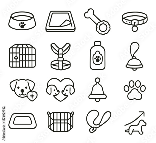 Puppy Care line art icons. puppy food bowl, training pad, teething toy, baby collar, crate, small harness, puppy shampoo, soft brush, vet check icon, socialization heart, house