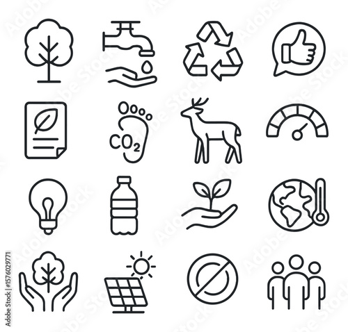 Environmental surveys line art icons. tree icon, water usage, recycling rate, pollution feedback, green policy, carbon footprint, wildlife impact, sustainability score, energy