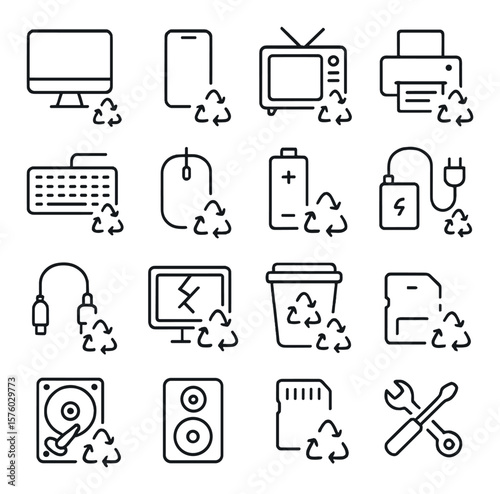 E-waste recycling line art icons. computer, mobile phone, old TV, printer, keyboard, mouse, battery, USB drive, charger cable, broken monitor, e-waste bin, power adapter, hard disk