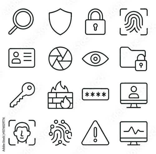 Security and privacy line art icons. magnifying glass, shield icon, lock symbol, biometric scan, ID card, camera lens, eye icon, secure folder, encryption key, firewall screen,