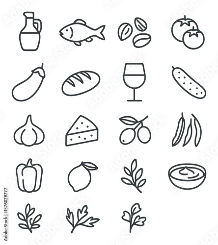 Mediterranean diet line art icons. olive oil, fish, nuts, tomatoes, eggplant, whole grain bread, red wine glass, cucumber, garlic, feta cheese, olives, green beans, bell pepper,