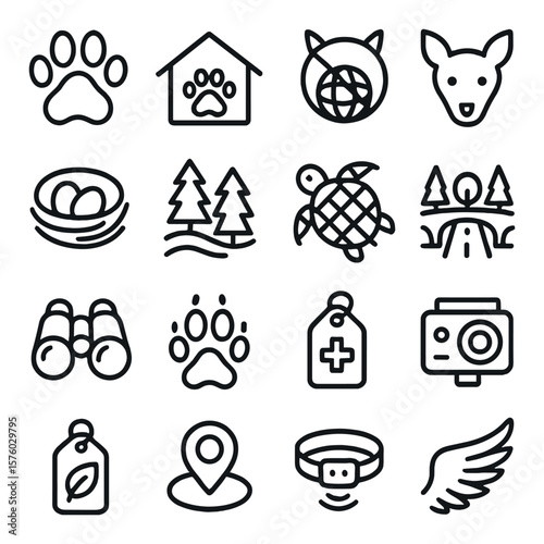 Wildlife Protection line art icons. paw print, animal shelter, endangered icon, forest animal, bird nest, habitat icon, turtle with net, wildlife corridor, binoculars, animal