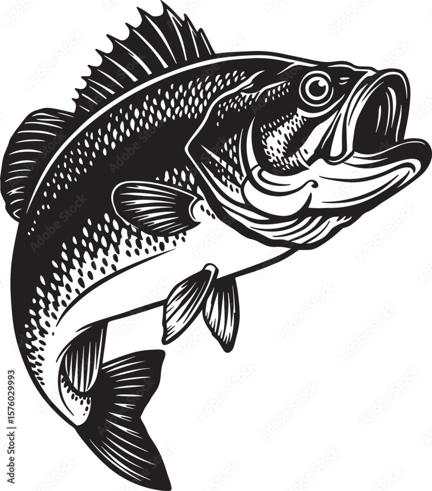 Fototapeta premium Largemouth bass jumping black and white vector illustration
