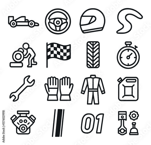 Motorsports line art icons. race car, steering wheel, helmet, track curve, pit stop, checkered flag, tire tread, lap timer, speedometer, wrench icon, driver gloves, race suit, fuel