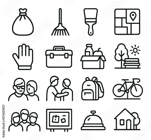 Community Service line art icons. trash bag, rake icon, paintbrush, neighborhood map, cleanup glove, toolbox, food pantry, local park, helping senior, youth mentorship, school