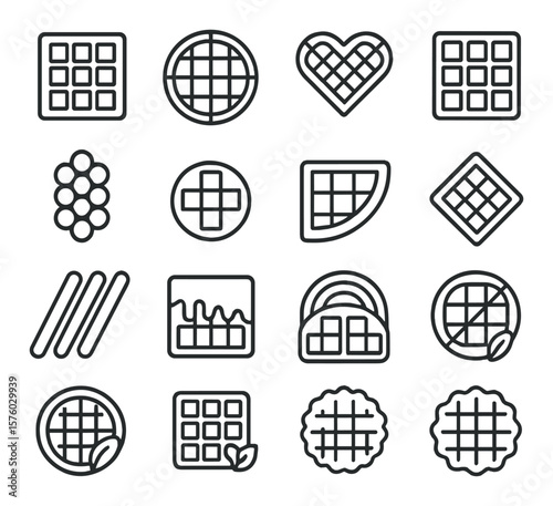 Waffle Types line art icons. square waffle, round waffle, heart-shaped waffle, Belgian waffle, bubble waffle, mini waffle, stuffed waffle, thin waffle, waffle sticks, chocolate