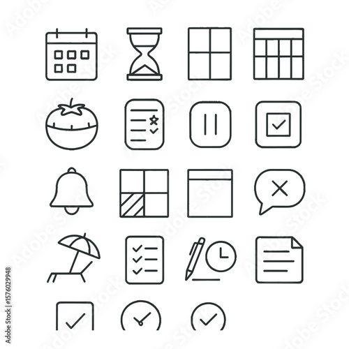 Mindful Time Management line art icons. calendar, hourglass, time block, weekly planner, Pomodoro timer, priority list, pause icon, task icon, reminder bell, color-coded chart,