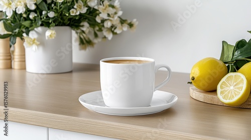 Wallpaper Mural Warm Cup of Coffee and Fresh Lemons on Wooden Table in Bright Setting Torontodigital.ca