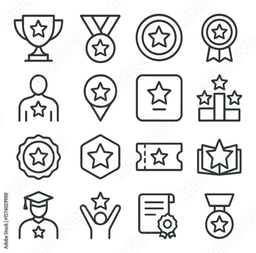 Star Awards line art icons. trophy with star, medal star, achievement badge, winner ribbon, champion icon, excellence pin, star of the month, podium with stars, gold star stamp,