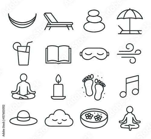 Holiday Relaxation line art icons. hammock, sun lounger, spa stones, beach umbrella, soft drink, book, nap mask, calm breeze icon, meditation icon, candle, feet in sand, music note