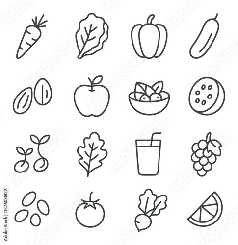 Raw food diet line art icons. raw carrot, lettuce leaf, bell pepper, zucchini, raw nuts, apple, fruit salad, cucumber, sprouted beans, kale, smoothie, grapes, raw seeds, cherry