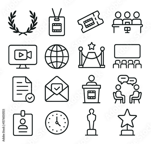 Film Festival Icons line art icons. laurel wreath, festival badge, ticket icon, film jury, short film icon, international symbol, red carpet, screening room, submission form,