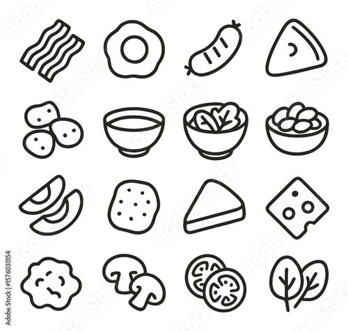 Waffle Pairings line art icons. bacon strips, fried egg, grilled sausage, ham slice, breakfast potatoes, yogurt bowl, fresh salad, baked beans, avocado slices, hash browns, toast