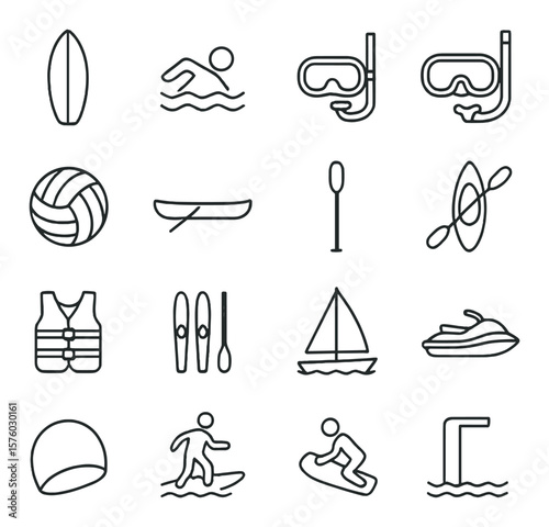 Water Sports & Activities line art icons. surfboard, swimmer, snorkel, diving mask, water polo ball, canoe, paddle, kayak, life vest, water skis, sailboat, jet ski, swim cap, wave