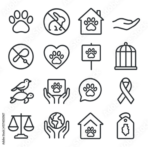 Animal Rights Awareness line art icons. paw print, stop testing icon, rescue shelter, adoption hand, leash-free symbol, animal heart, protest sign, freedom cage, wildlife icon,