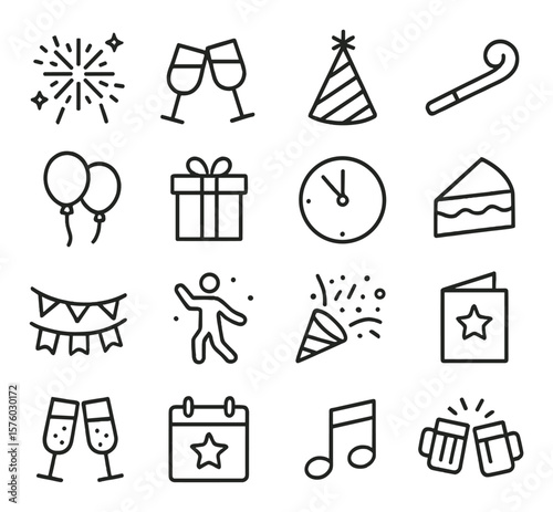 Holiday Celebrations line art icons. fireworks, clinking glasses, festive hat, party horn, balloons, wrapped gift, countdown clock, cake slice, banner, dance icon, celebration