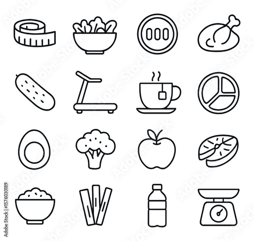 Weight loss diet line art icons. measuring tape, salad bowl, calorie counter, grilled chicken, cucumber, treadmill icon, green tea, portion control plate, boiled egg, steamed