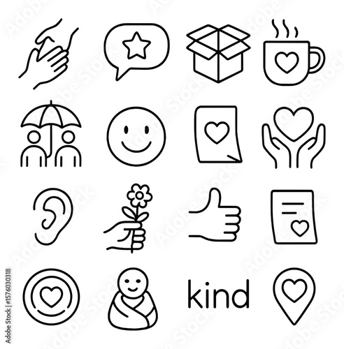 Acts of kindness line art icons. helping hand, compliment bubble, care package, warm drink, shared umbrella, smile icon, thank you note, donation heart, listening ear, flower gift,