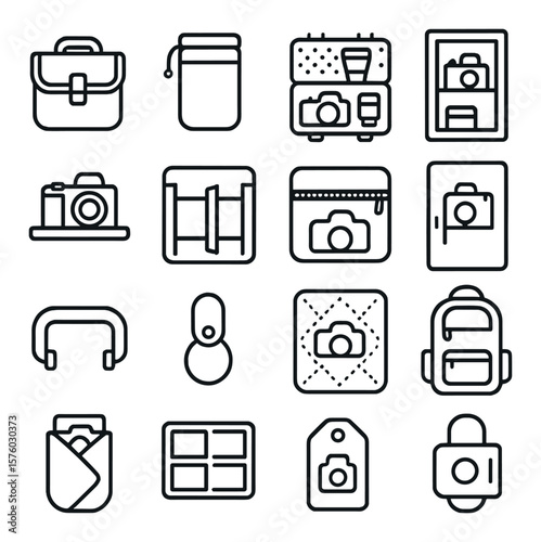 Camera Storage line art icons. camera bag, lens pouch, foam case, dry cabinet, camera shelf, divider insert, zip pocket, camera locker, case handle, strap loop, padded interior,